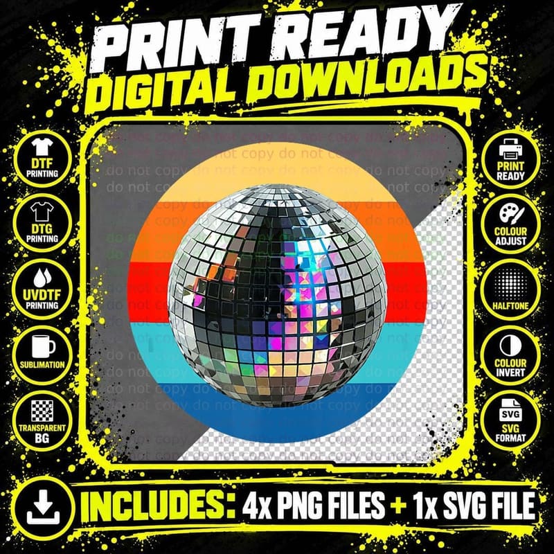 Disco Ball Retro 1980s DJ Vintage Retro Sunset Disco Png SVG Digital Bundle