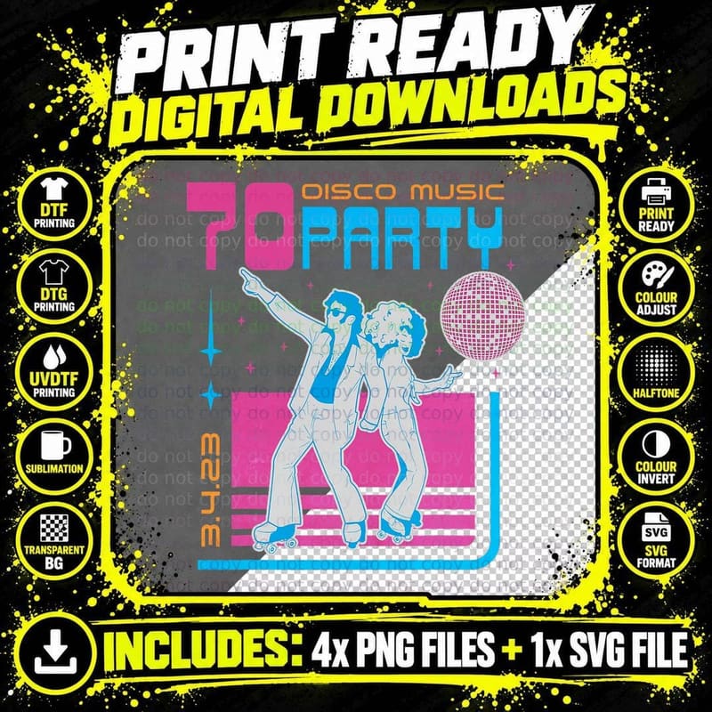 Disco Music Party 70s Themed Vintage Retro 1970 Dancing Png SVG Digital Bundle