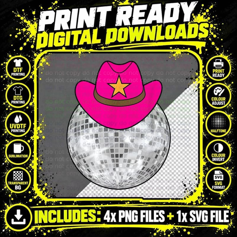 Disco Retro Ball Wearing Pink Cowboy Hat Art T-Shirt Png SVG Digital Bundle