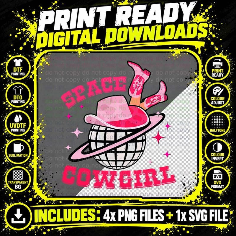 Disco Space Cowgirl Western Retro Pink Cowhide T-Shirt Png SVG Digital Bundle