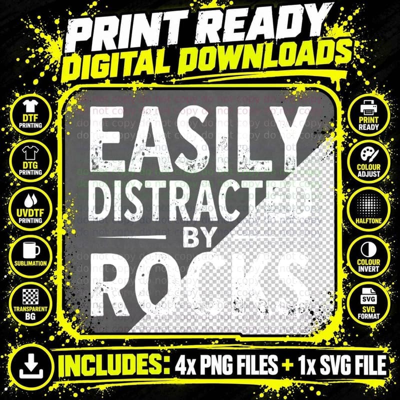 Easily Distracted by Rocks Distressed Bold All-Caps Png SVG Digital Bundle