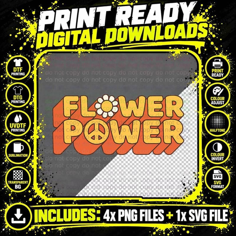 Flower Power, 60's 70's Hippie Retro Vintage Png SVG Digital Bundle