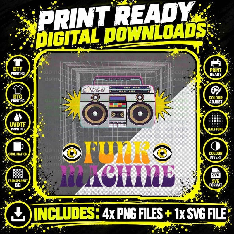 Funk Machine Retro Disco Music Tape Recorder T-Shirt Png SVG Digital Bundle