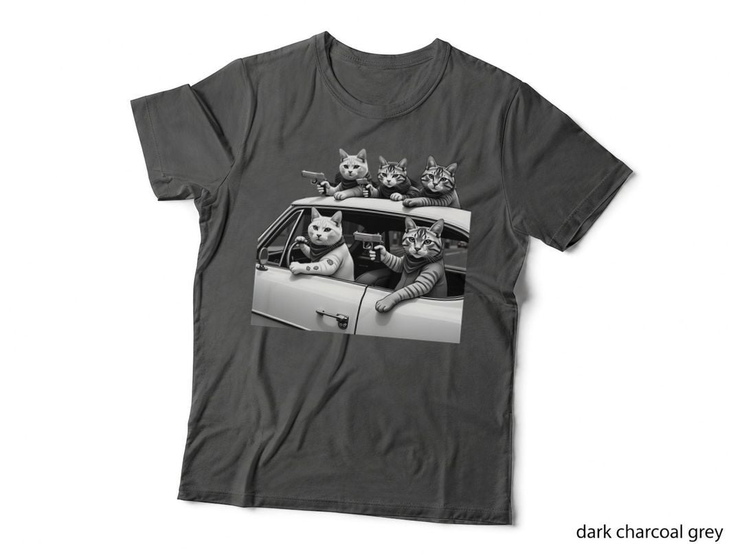 Gangster Cats Riding Vintage Car Fedora Suits Sunglasses Grayscale T-Shirt