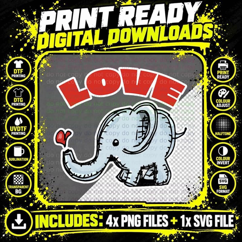 Girls Vintage Elephant LOVE Graphic 70s Disco Fun and Png SVG Digital Bundle