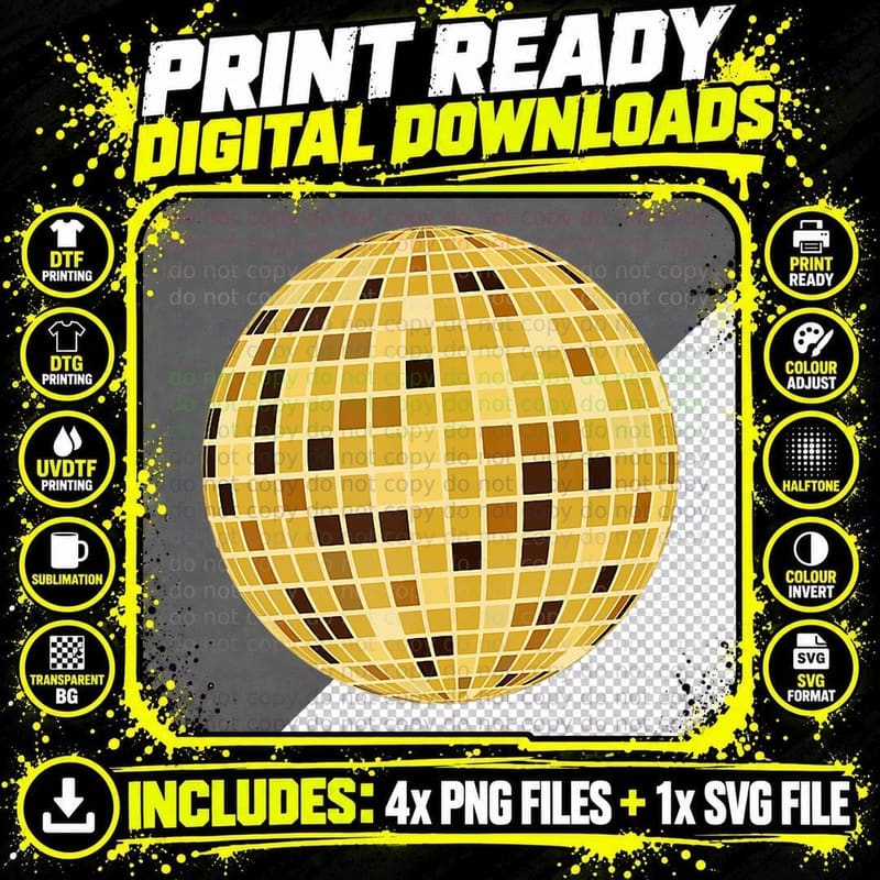 Golden Disco Mirror Ball Retro 70s 80's, Vintage T-Shirt Png SVG Digital Bundle