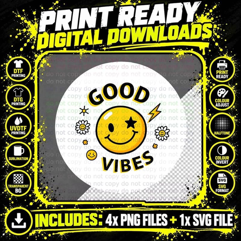 Good Vibes, Smiley Face, Retro Star Eye Png SVG Digital Bundle