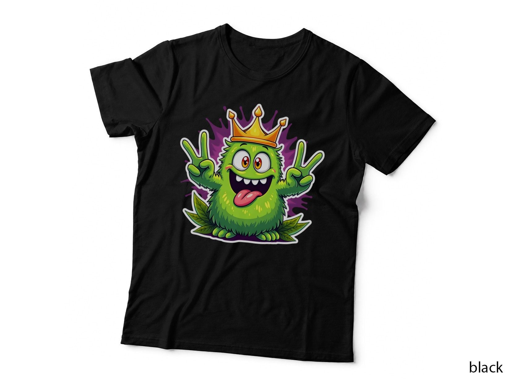 Groovy Cute Fuzzy Cannabis Weed Monster with a Gold Crown Peace Sign T-Shirt