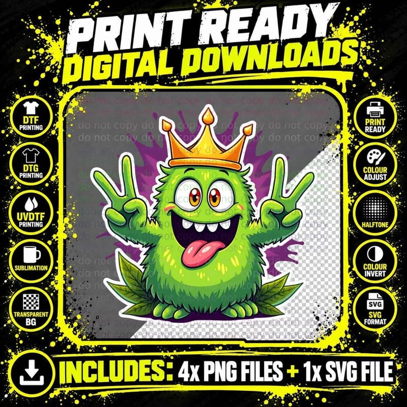 Groovy Cute Fuzzy Cannabis Weed Monster with a Gold Png SVG Digital Bundle