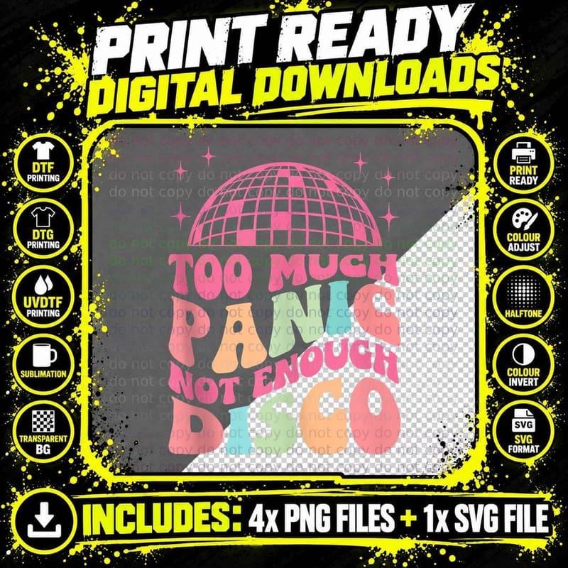 Groovy Retro Too Much Panic Not Enough Disco, Anxiety Png SVG Digital Bundle