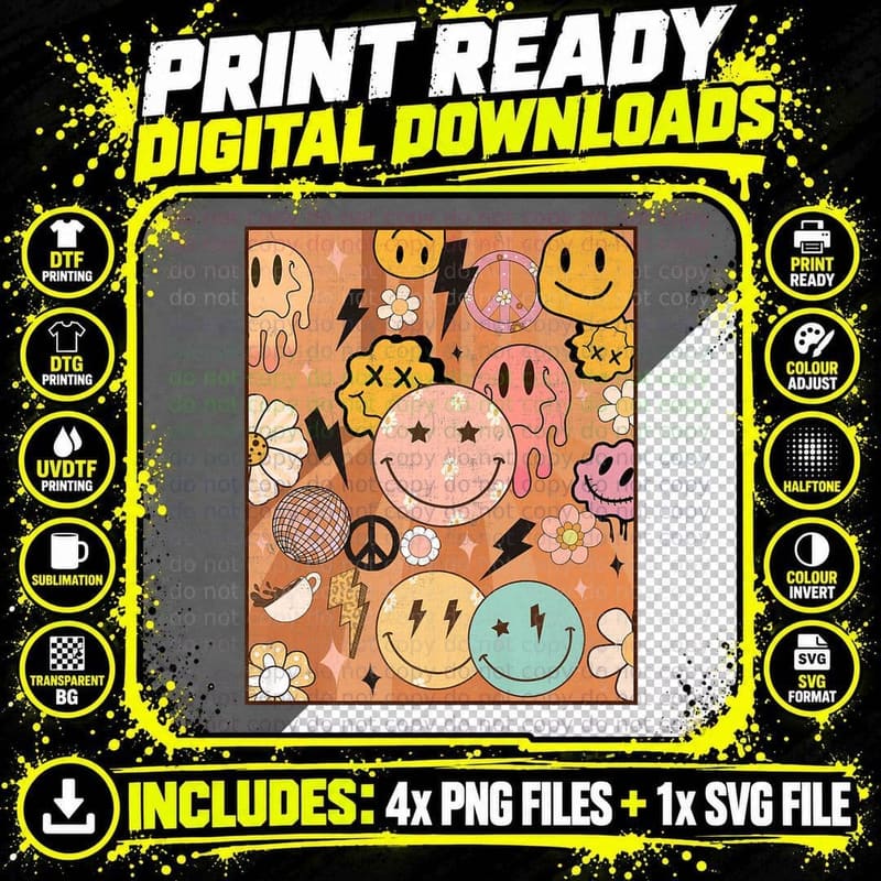 Groovy Y2k Beige Lightning Retro Vintage 70s Peace Disco Png SVG Digital Bundle