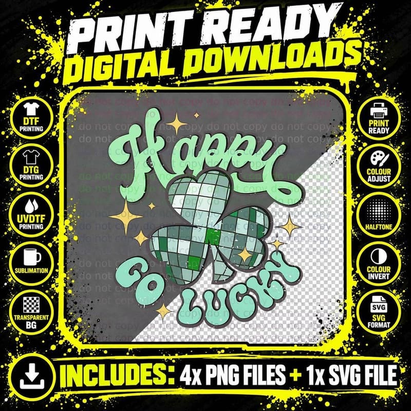Happy Go Lucky Disco Ball Shamrock St Patrick's Day Png SVG Digital Bundle