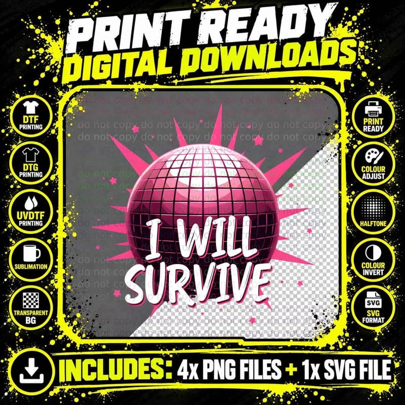 I Will Survive Retro Disco Ball 70s Party Dance Music Png SVG Digital Bundle