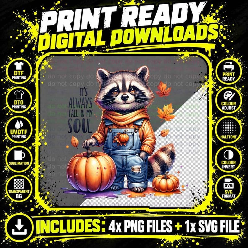 Its Always Fall in My Soul Raccoon Watercolor Png SVG Digital Bundle