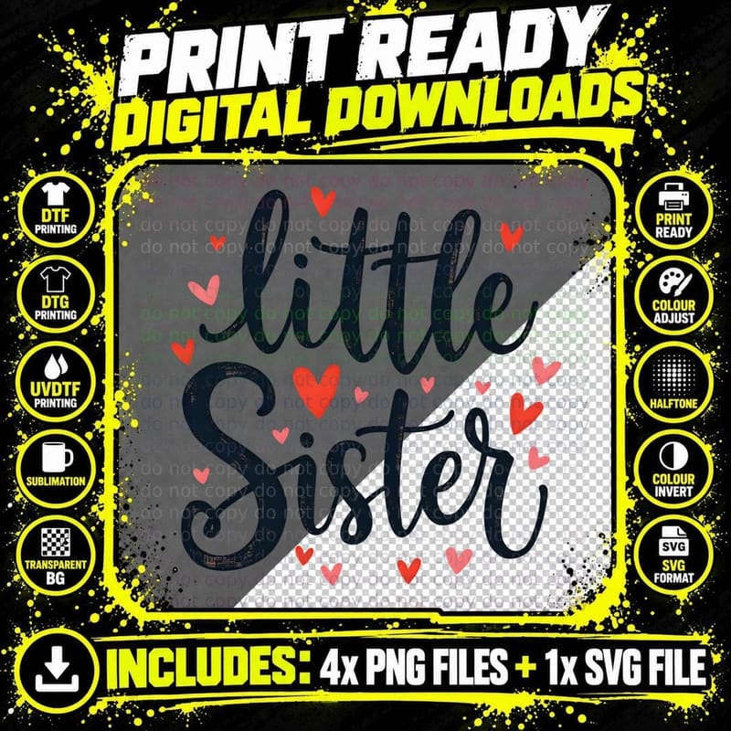 Little Sister with Distressed Cursive Text and Pink Png SVG Digital Bundle