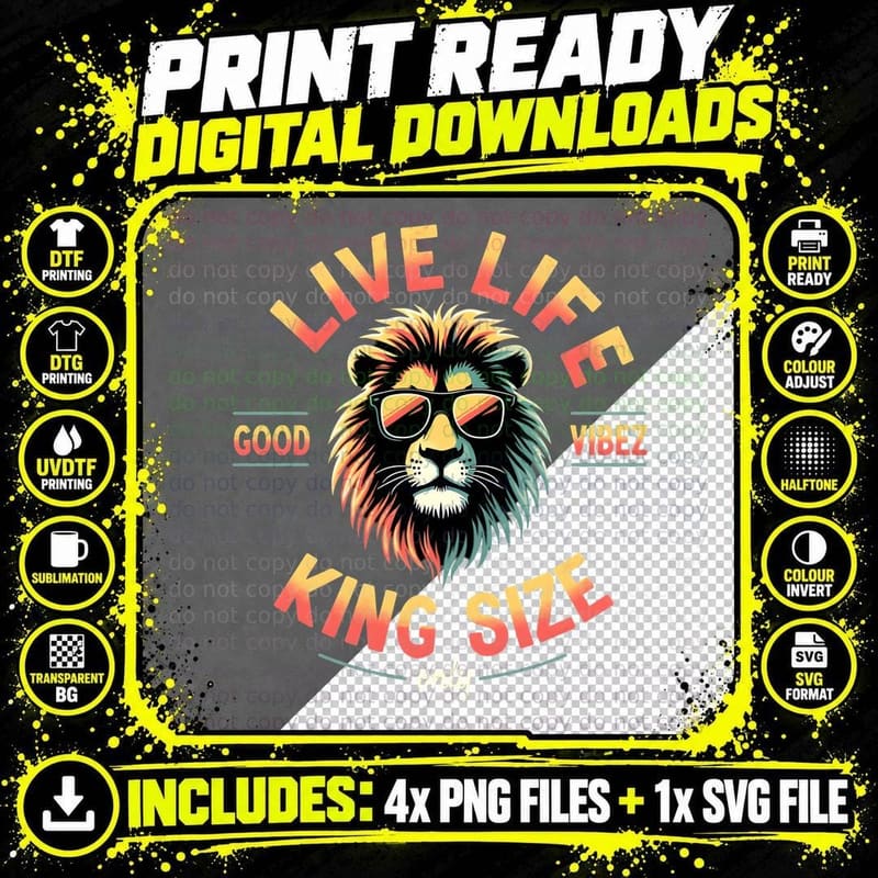 Live Life King Size Lion, Retro Good Vibes Png SVG Digital Bundle