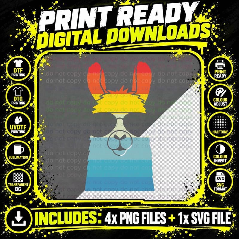 Llama Alpaca Wearing Sunglasses Retro T-Shirt Png SVG Digital Bundle