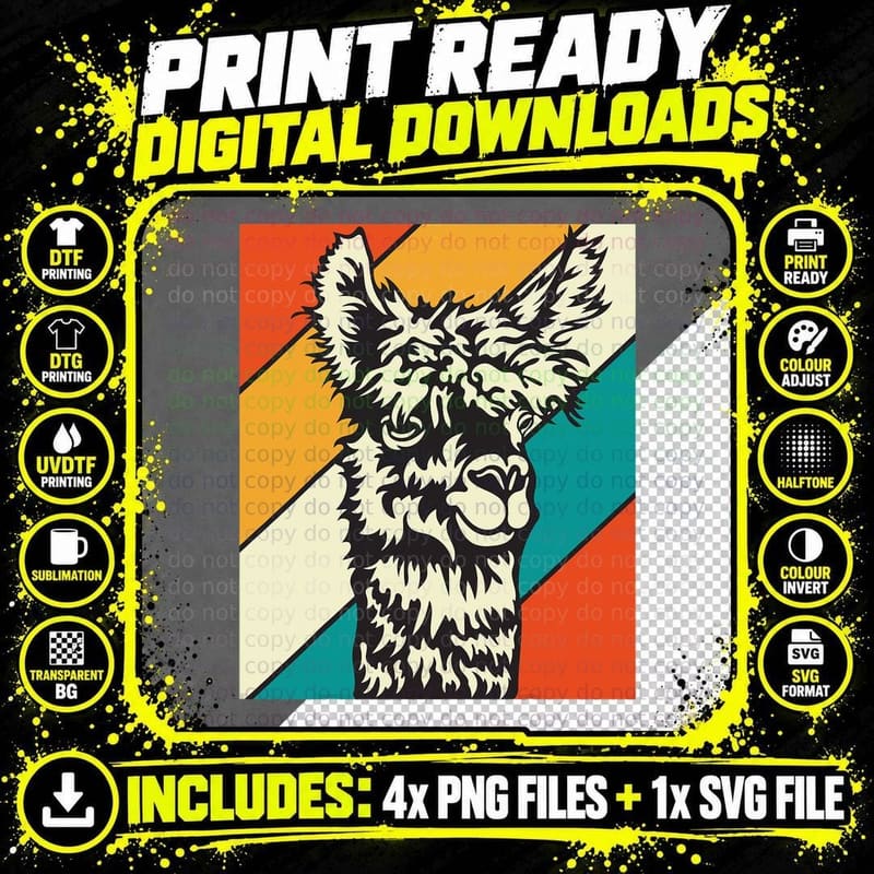 Llama Shirt Retro Style Alpaca Gifts T-Shirt Png SVG Digital Bundle