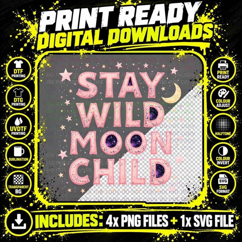 Moon Child Groovy Aesthetic Tee, Retro 70s Celestial Png SVG Digital Bundle
