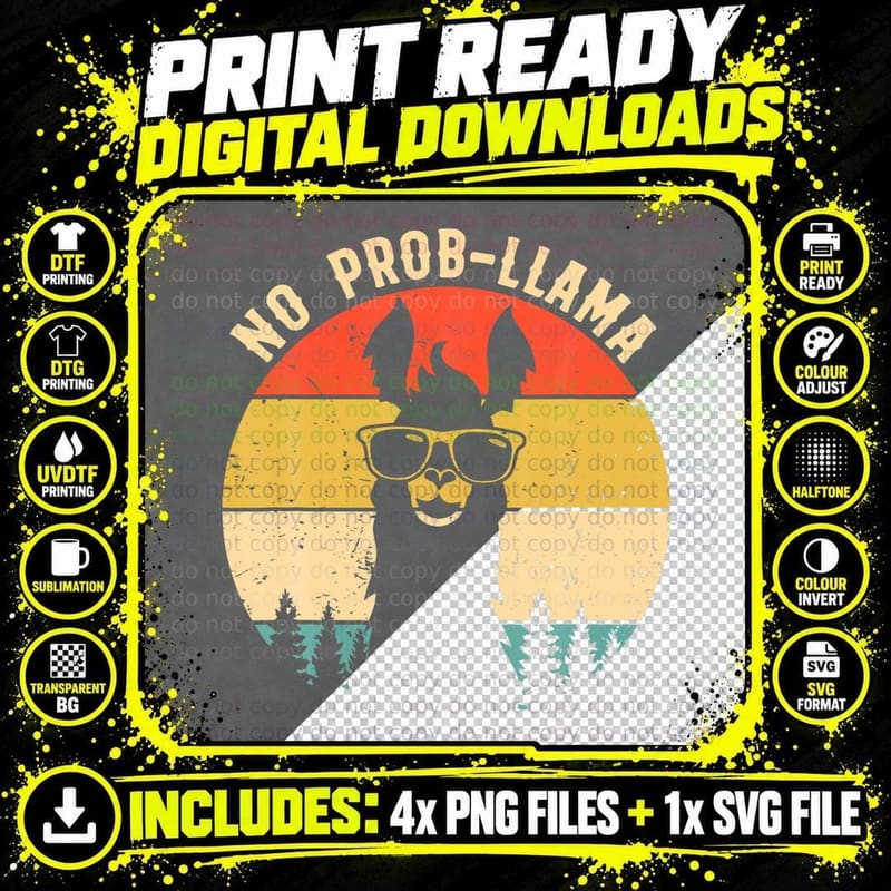 NO PROB LLAMA Vintage Llama Alpaca T-Shirt Png SVG Digital Bundle