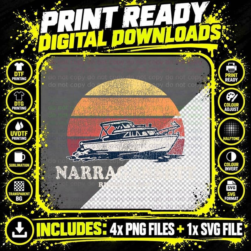 Narragansett RI Vintage Boating 70s Retro Boat Design Png SVG Digital Bundle