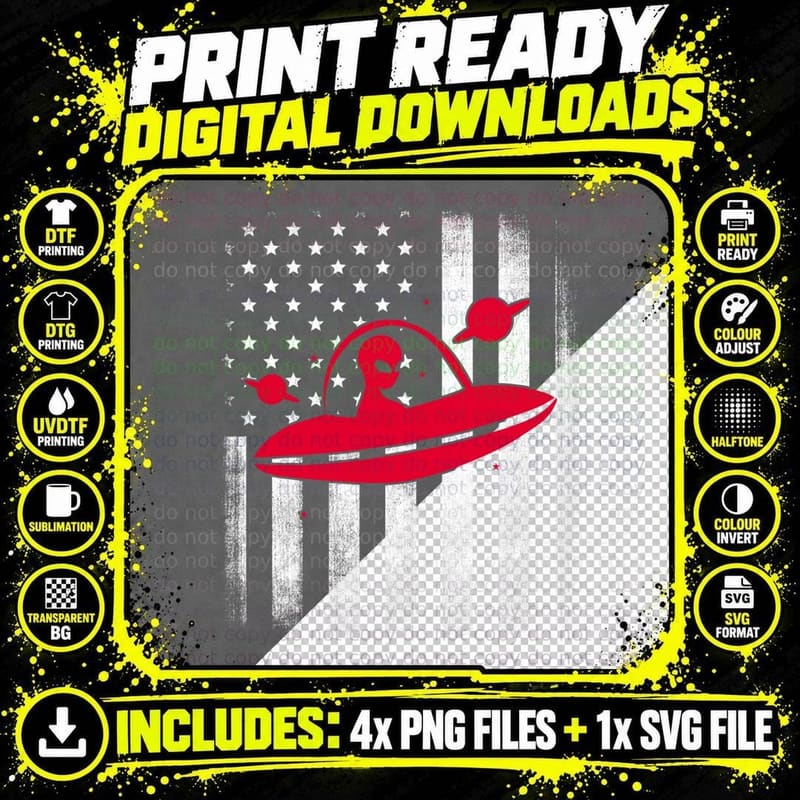 National US Flag American Alien Vintage Flying UFO Png SVG Digital Bundle