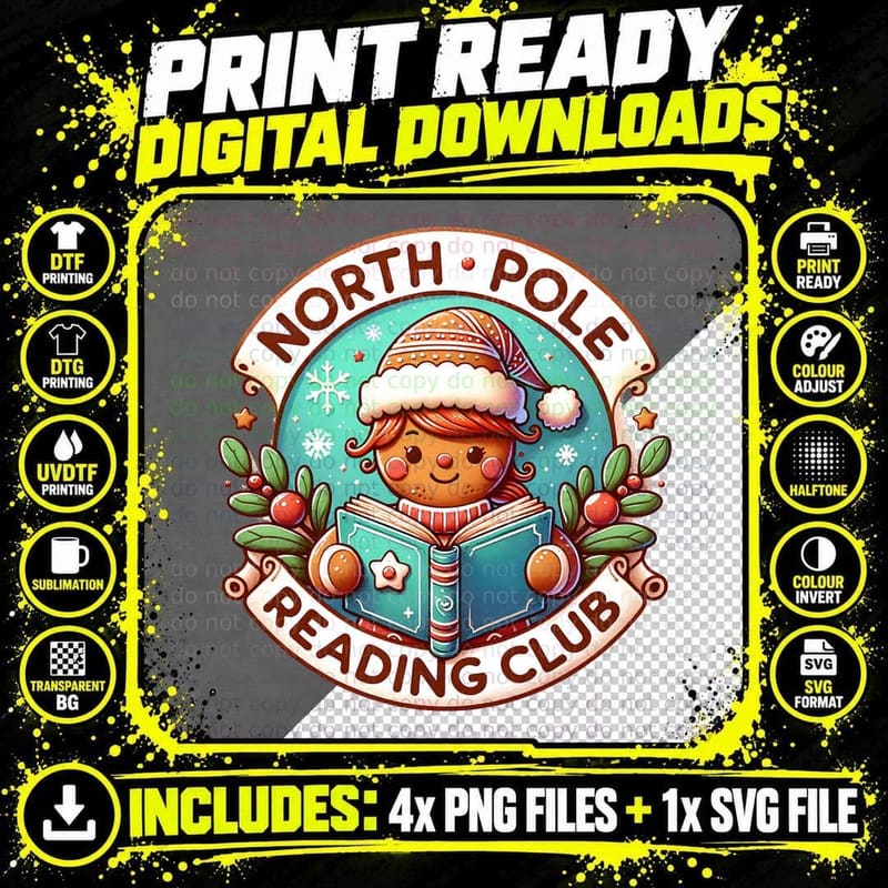 North Pole Reading Club Gingerbread Girl Png SVG Digital Bundle