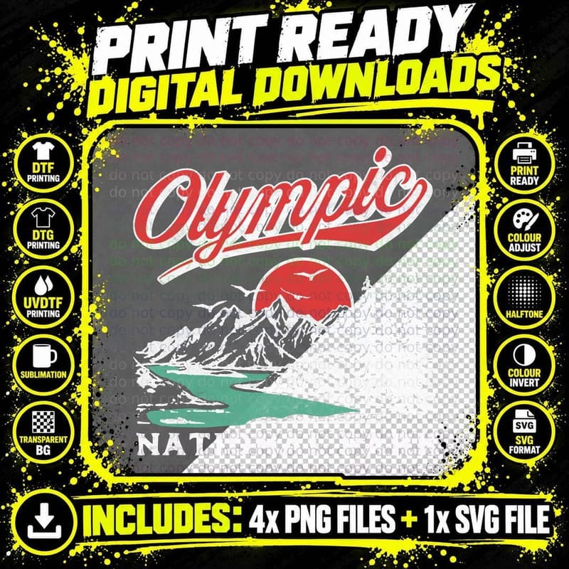 Olympic National Park Retro 80's Mountains Graphic Png SVG Digital Bundle