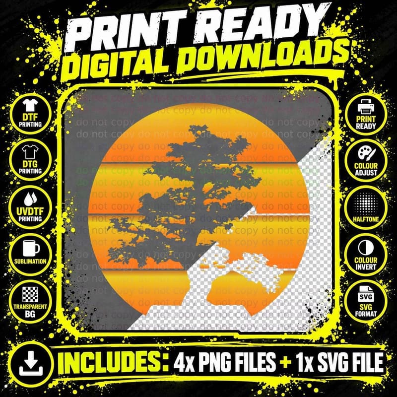 Pacific Ocean Beach Bonsai Tree Sun Retro Vintage Png SVG Digital Bundle