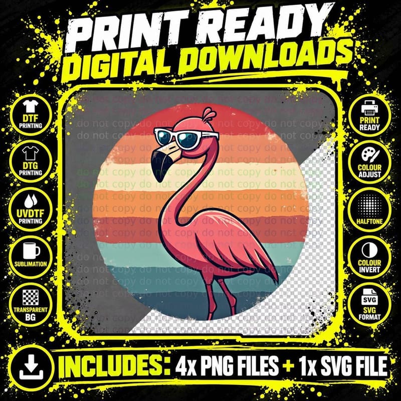 Pink Flamingo Sunglasses Blue Lenses Gradient Stripes Png SVG Digital Bundle