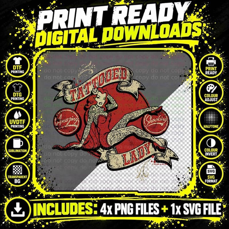 Pinup Tattoo Lady Vintage Retro Ink Sideshow Png SVG Digital Bundle