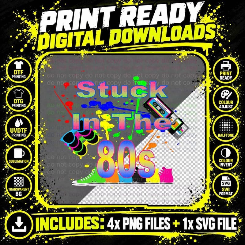 Retro 80s Stuck in 80s Hippie Music Disco Vintage Png SVG Digital Bundle