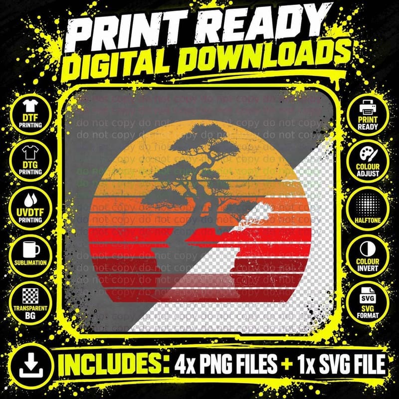 Retro Bonsai Shirt Vintage Japanese Sunset Bonsai Art Png SVG Digital Bundle
