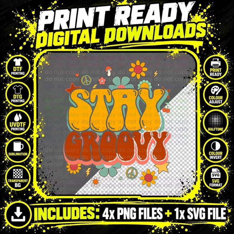 Retro Flowers Peace Stay Groovy Positive Mind Happy Life Png SVG Digital Bundle