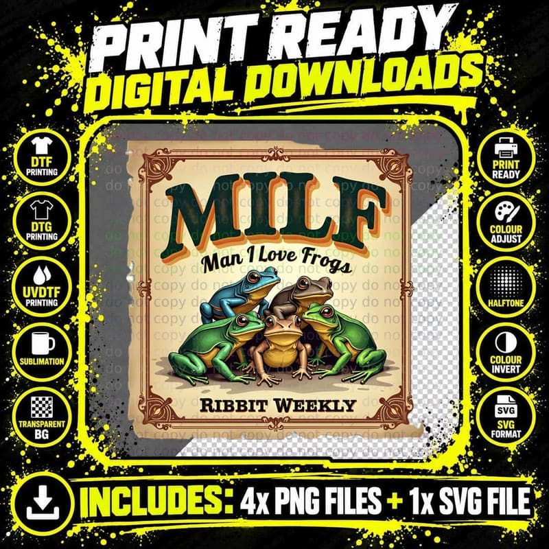 Retro Frog Lover MILF Acronym Cartoon Frogs Ornate Png SVG Digital Bundle
