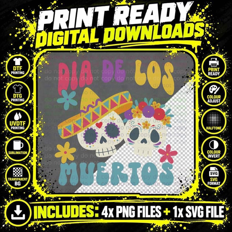 Retro Groovy Dia De Los Muertos Sugar Skull Day of the Png SVG Digital Bundle