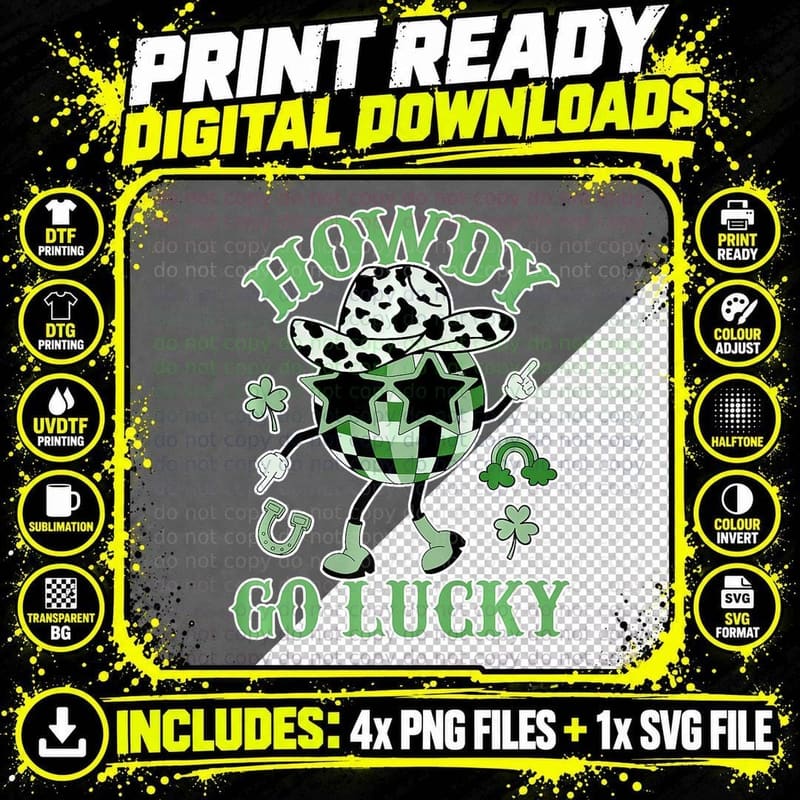 Retro Howdy Go Lucky Heart Western Cowboy Hat Disco Ball Png SVG Digital Bundle