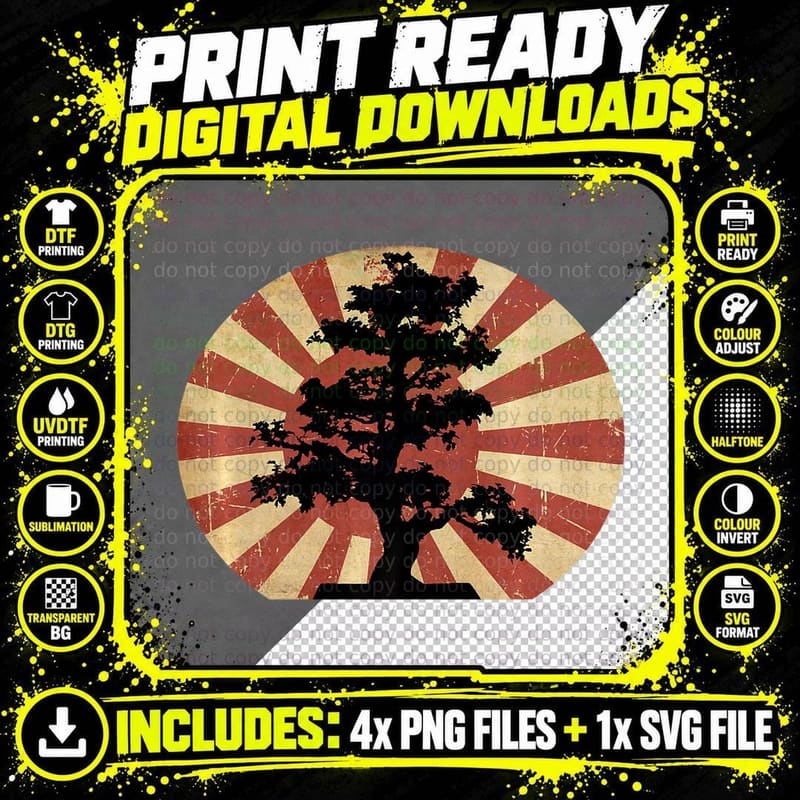 Retro Japanese Sunrise Art Nature Japan Bonsai Tree Png SVG Digital Bundle