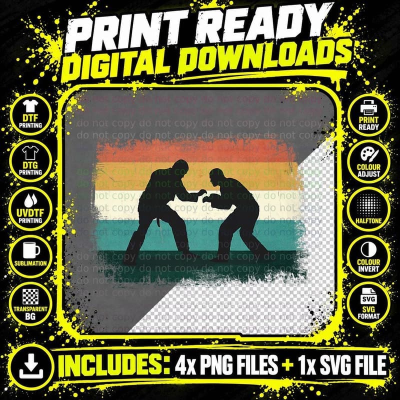 Retro Jiu Jitsu Fighters - Cool Vintage Sunset Martial Png SVG Digital Bundle