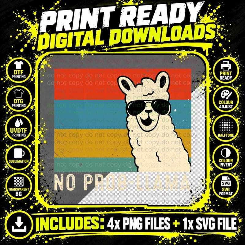 Retro Llama Men Women No Prob-Llama Alpaca Farming Png SVG Digital Bundle