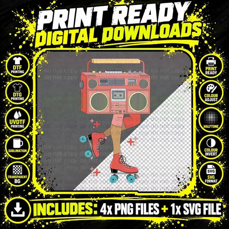 Retro Outfit 80's Roller Disco Skating Girl Roller Png SVG Digital Bundle