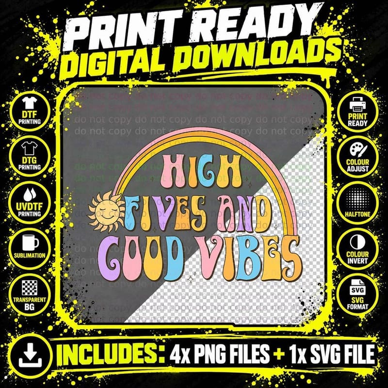 Retro Positive Quotes High Fives and Good Vibes Women Png SVG Digital Bundle
