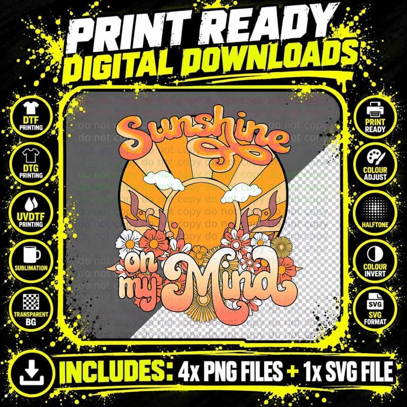 Retro Sunshine on My Mind Groovy Sunset Wildflowers Png SVG Digital Bundle