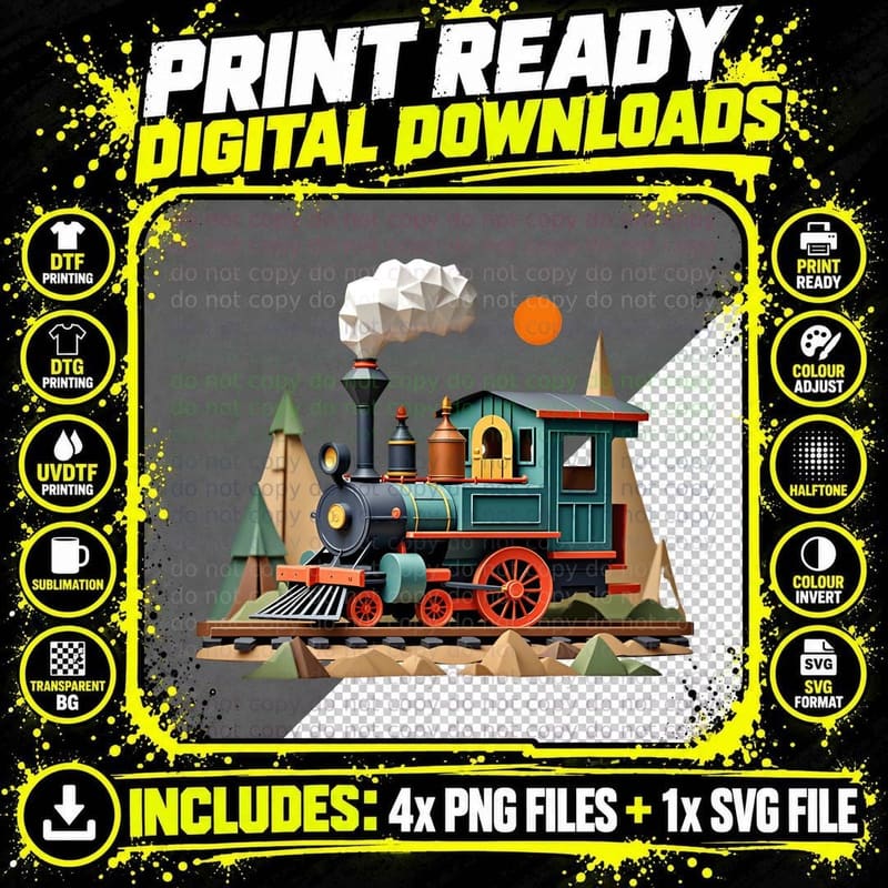 Retro Teal Train Isometric Geometric Abstract Art Png SVG Digital Bundle
