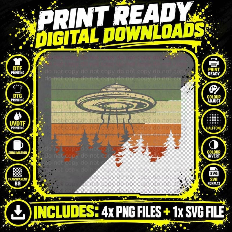 Retro UFO Alien Abduction Forest Spaceship T-Shirt Png SVG Digital Bundle