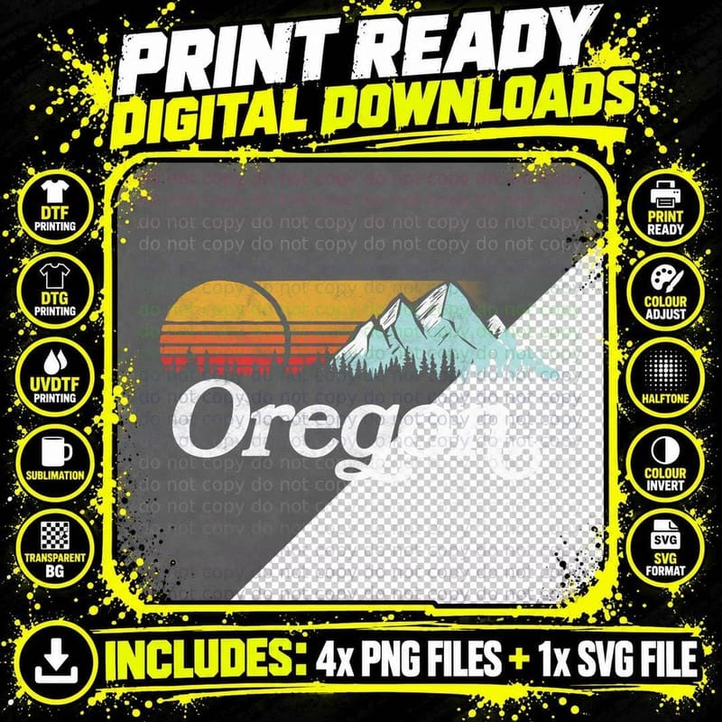 Retro Vibe Oregon Vintage Mountains & Sun T-Shirt Png SVG Digital Bundle