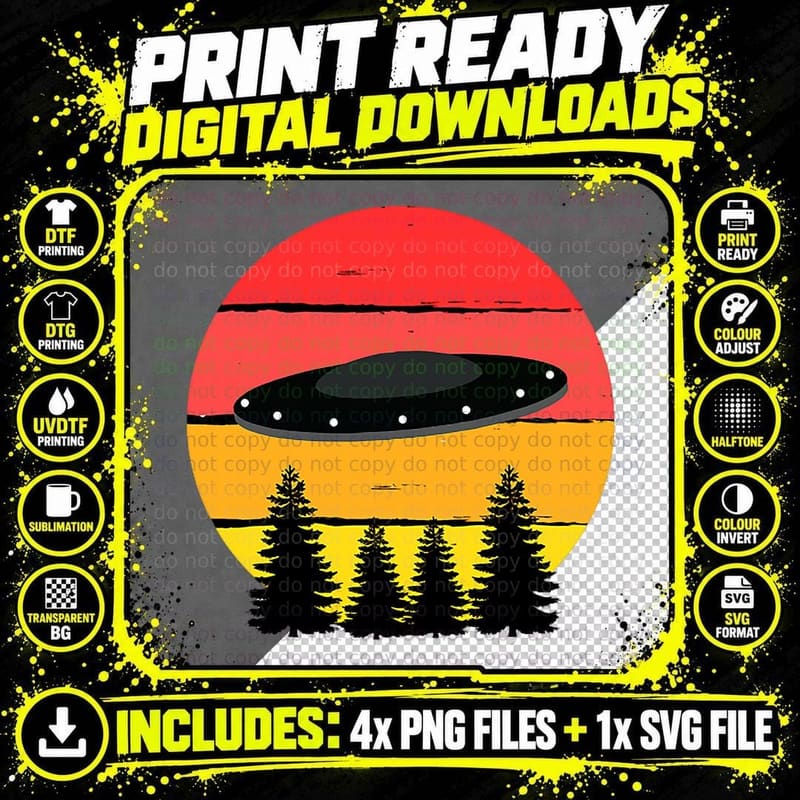 Retro Vintage Alien Flying Saucer UFO Extraterrestrial Png SVG Digital Bundle
