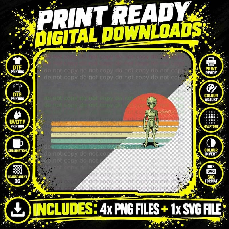 Retro Vintage Alien UFO Extraterrestrial Abduction Space Png SVG Digital Bundle