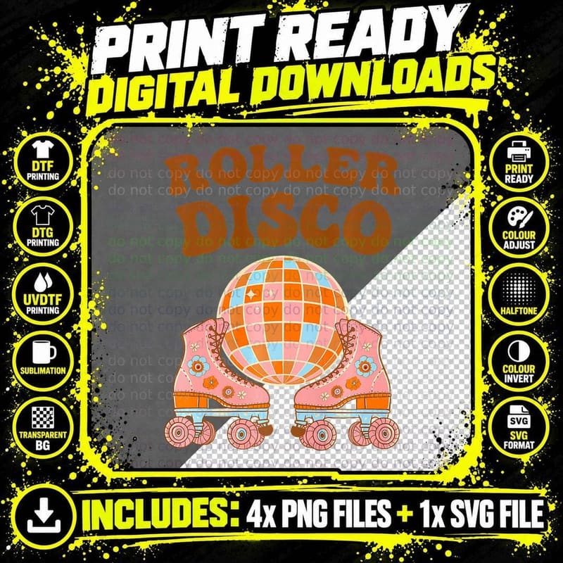 Roller Skates Disco Ball 70s Dancing Retro Vintage Png SVG Digital Bundle