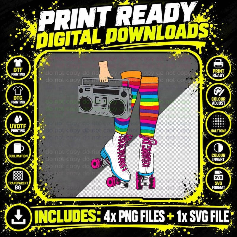Rollerskates 80s Roller Disco Skating Girl T-Shirt Png SVG Digital Bundle